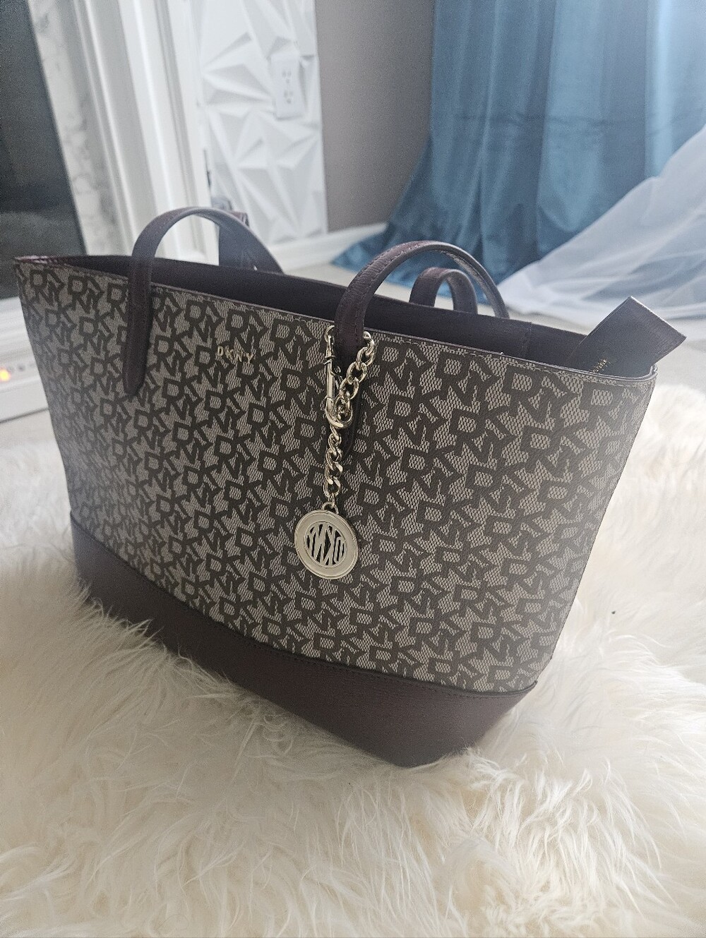 Donna Karan Brown Logo Canvas Tote with Gold Charm